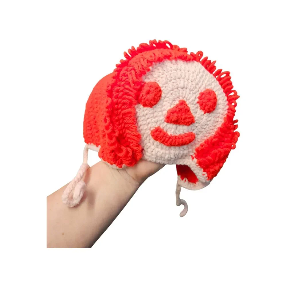 Hand Knit Bonnet with Face on Back Red Cream Youth Size Vintage 80's